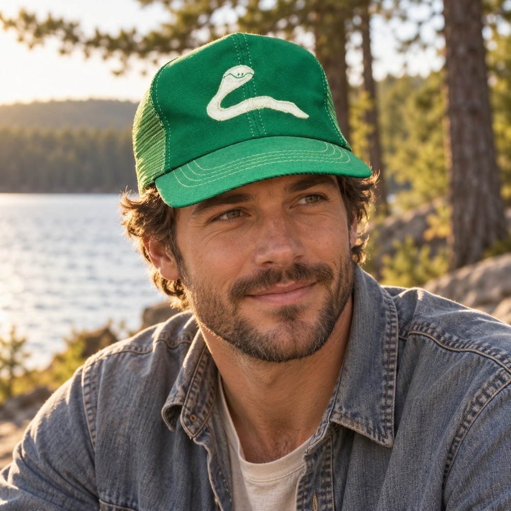Vintage Reynolds Trucker Hat Green Snake Graphic Snapback Mesh Cap USA Made